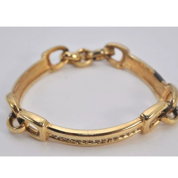 Authentic Christian Dior Rhinestone Chain Bracelet Gold Tone CD - Picture 2 of 10